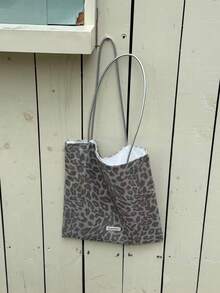 Back To School Leopard Print Korean Ins Style Canvas Tote Bag, Large Capacity Colorblock Handbag, Versatile Shoulder Bag For College Students, Campus Use - Silver - View 6
