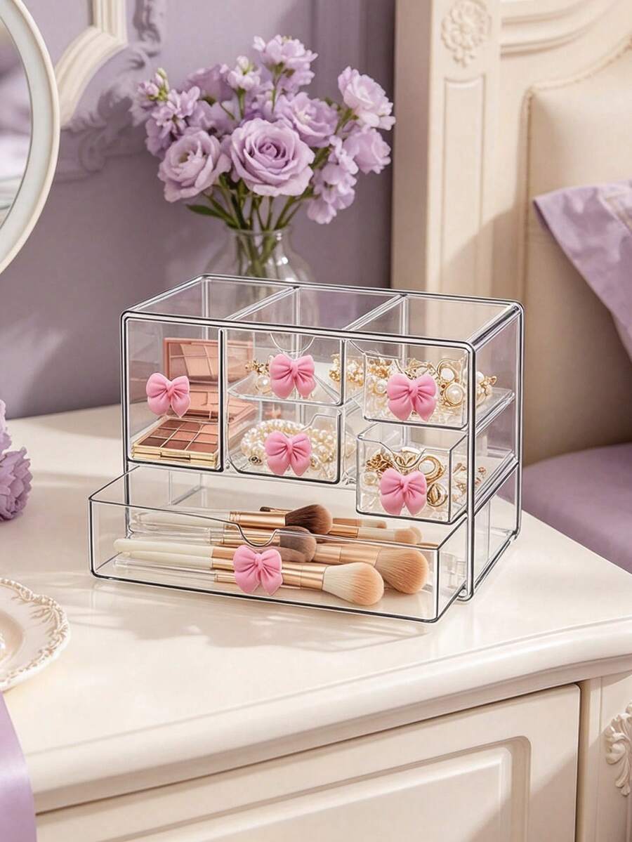 Mini Desktop Drawer Storage Box With Bow Decoration, Multi-Layer Jewelry And Cosmetics Storage Box, Desktop Storage, Suitable For Dressing Tables, Bedrooms, Office Supplies, Birthday Gifts, And School Season Gifts. - Multicolor - View 1