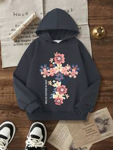 Fashionable Girls Casual Creative Floral Print Hoodie Sweatshirt With Slim Fit Leggings Long Pants, Spring Autumn Winter Daily Versatile 2-Piece Set - Dark Grey - View 5