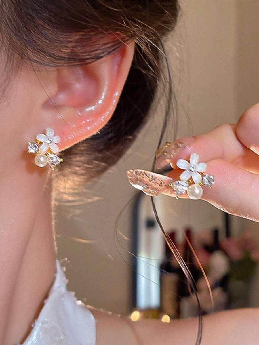 1對甜美仙女風花朵珍珠耳釘,小眾設計,高端精緻時尚耳飾,百搭日常通勤耳飾 - 金色 - 查看 1