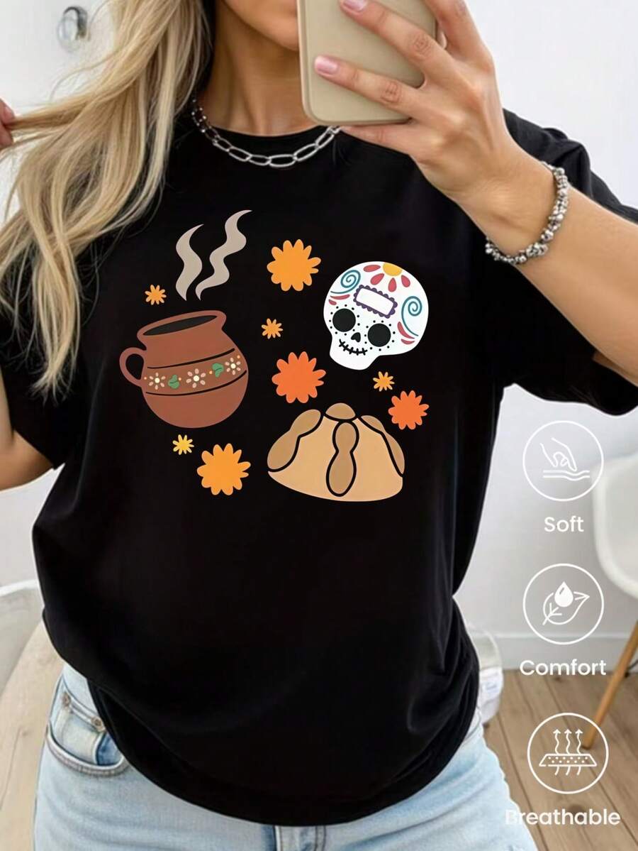 Camiseta de manga corta nueva primavera-verano, gramaje de 220 g. Estampado de dibujos animados, modelo para parejas. - Negro - Ver 1