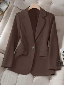 Women's Solid Color Lapel Long Sleeve Single-Breasted Casual Office Thin Jacket, Summer - Brown - View 2