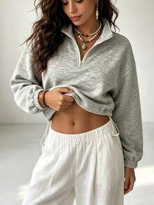 Adjustable Drawstring Hem Short Outdoor Top, Loose Fit Stand Collar Long Sleeve Sweatshirt - Grey - View 3