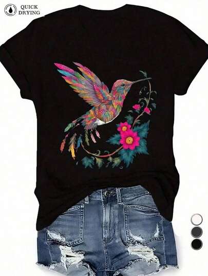 Playera Mujer de Secado Rápido, Estampado Colibrí Colorido y Flores, Camiseta Manga Corta para Celebración Independencia México