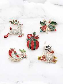 1/5 Pcs Of Diamond-Studded Christmas Brooches - Creative Flower Pins - Red Apple, Snowman, Bell, Moose Cartoon - Ladies' Brooches - Christmas Gift - Multicolor - View 3