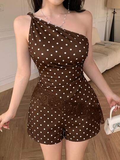 abyoxi Women's Brown Polka Dot Asymmetric One-Shoulder Twist Ruched Waist Lace Patchwork Irregular Hem Top And Shorts 2-Piece Set, Young Hot, Gentle, Beach, Casual, Vacation, Date, Commute, Summer Blouse And Hot Pants Outfit