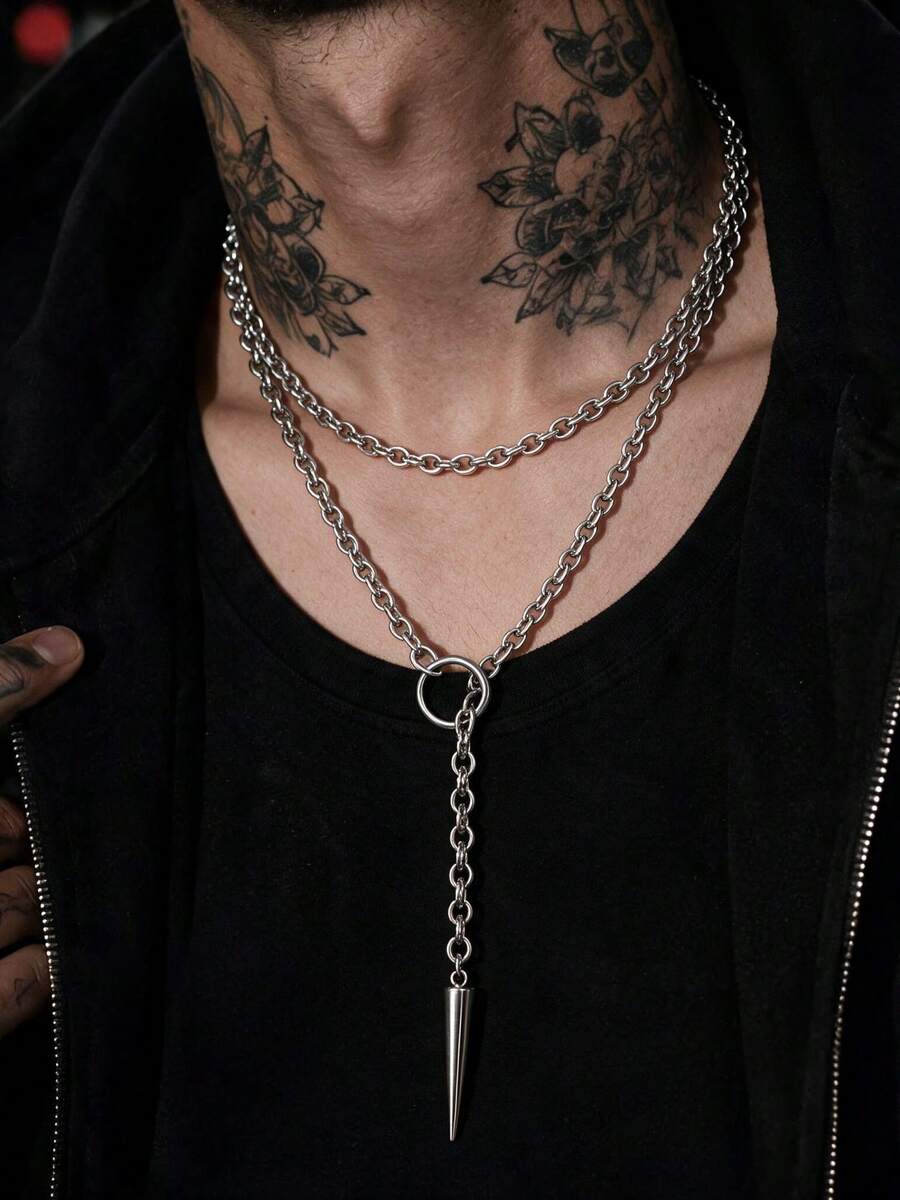 1pc Men's Pendant Necklace, Silver Metal Material O-Ring Rivet Pendant, Personalized Necklace Suitable For Party And Gathering Wear - Multicolor - View 1