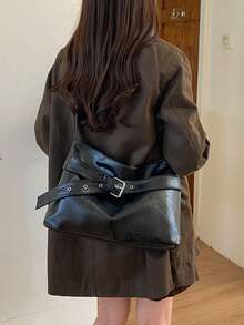 1件極簡復古女款單肩托特包，女款手提包，秋冬新款女款單肩包，最佳秋季手提包，女款休閒手提包 - 黑色 - 查看 7