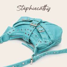 STEPHIECATHY Women's Shoulder Bag Retro Brush Off Color Washed PU Vegan Leather Buckle Belts Metal Eyelets Decoration Punk Y2K Style Adjustable Strap Hobo Handbag - Multicolor - View 10