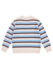 1pc Teen Girls Cream Blue & Brown Horizontal Striped Round Neck Knitted Sweater, Vintage Casual Spring/Autumn Elastic Inner Layer Top - Blue - View 4