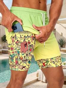 Men's Summer Fun Print Double Layer Beach Shorts - Multicolor - View 1