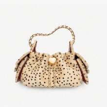 Polka Dot Fuzzy Bucket Bag, Cute Heart Metal Chain Crossbody Bag, Fluffy Drawstring Shoulder Purse For Party Daily - Khaki - View 7