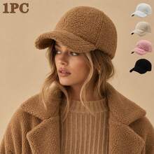 1pc Women's Solid Color Lamb Wool Windproof Baseball Cap, Thick Warm Baseball Cap, Versatile For Autumn/Winter Daily Wear - Solid Color - View 1