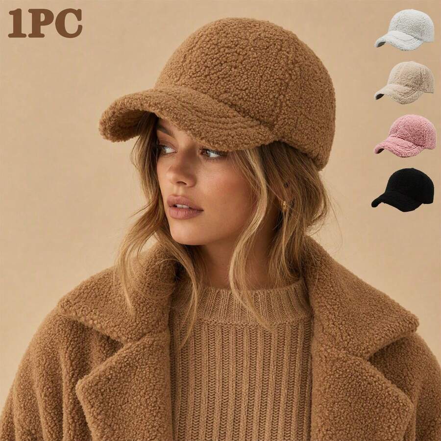 1pc Women's Solid Color Lamb Wool Windproof Baseball Cap, Thick Warm Baseball Cap, Versatile For Autumn/Winter Daily Wear - Solid Color - View 1