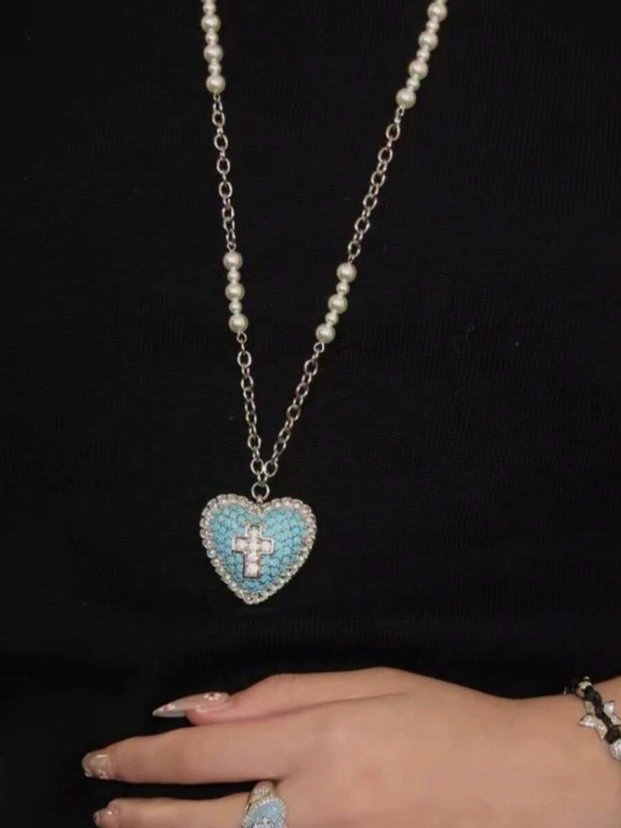 Vintage Silver Heart Pendant Accessory, Wearable Necklace, Artistic Long Necklace, High-End, Minimalist Long Necklace Accessory - Baby Blue - View 1
