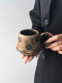 1pc Vintage Coarse Ceramic Coffee Mug, Retro Distressed Wabi-Sabi Style Artistic Mug, Asymmetrical Ruffled Edge & Rust Floral Pattern, Unique Creative Design, Fun Cup, Ceramic - Multi-Functional Dishwasher - Multicolor - View 14