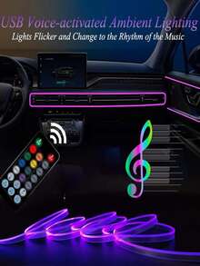 RGB Interior Car Lights USB Plug-In Interior LED Strip With Remote Control Sound Active Function RGB Fiber Optic For Car Interior Light Ambient Lighting - Buttons + Remote Control - View 4