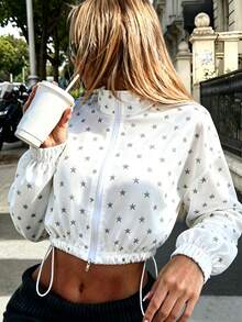 Women's Star Print Drawstring Waist Short Sports Jacket, Casual Sporty Style For Spring And Autumn, Effortlessly Create A Fashionable Look - White - View 2
