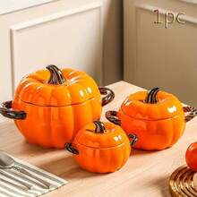 1pc Orange Pumpkin Shaped Ceramic Bowl With Lid, Double Twisted Handles, Heat-Resistant Stewing Bowl, Steamed Egg/Soup/Oatmeal Bowl, Home Kitchen Tableware - View 3