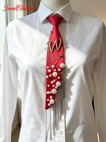 ImmCharm Men's & Women's Fashion Personalized Neckties, 26 Alphabet Letter Ties With Gemstone Accents, Fashion Chain Tassel Bow Ties, Accessories For Casual, Outdoor, School Uniform, JK Workwear, Cosplay, Christmas, Halloween, Gift Choice - Red - View 16