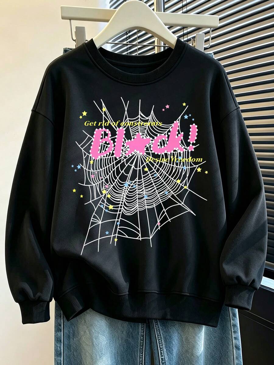 Spider Web Pattern Print, Soft & Breathable, Women Plus Size Crew Neck Hoodie, Suitable For Autumn/Winter Wear - Black - View 1