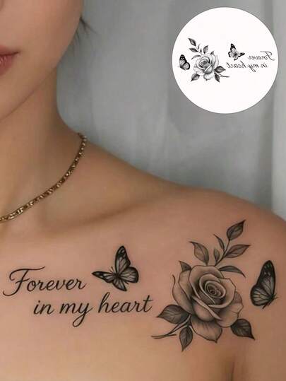 1pc Fashionable Waterproof Vintage Romantic Commemorative Tattoo Sticker, Rose Butterfly Line Fake Tattoo Sticker, Suitable For People
