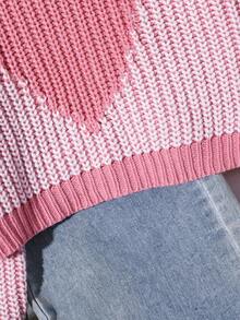 Girls Pink Heart Pattern Knit Sweater, 3D Texture, Loose Fit, Round Neck, Lantern Long Sleeve, Sweet Casual Top For Autumn/Winter - Pink - View 6