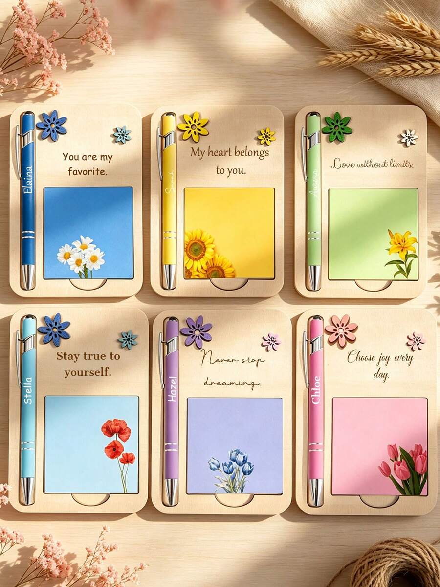 Personalized Memo Set With Pen, Engraved Wooden Desktop Organizer, Sticky Notes To-Do List Reminder, Stationery Gift Suitable For Colleagues, Students And Home Office - Sets - View 1
