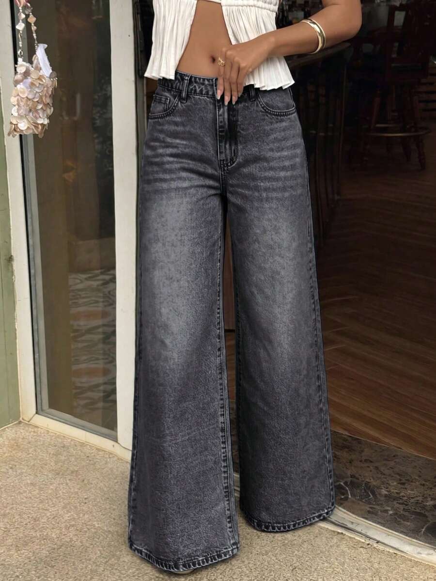Women's Casual Gray Wide Leg Jeans, Button & Zipper Design, Solid Color Non-Stretch Minimalist Long Pants, Autumn New Outfit