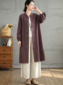 Women Vintage New Chinese Style Linen Long Tunic Coat, Stand Collar Frog Closure, Loose Fit Lantern Sleeve Solid Color Casual Open Front Jacket - Purple - View 6