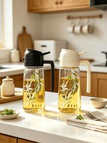 1pc Unique Hand-Painted Olive Branch Pattern Pp Oil Cruet, Unique Automatic Flip Lid Leak-Proof Oil Bottle With Handle, Exclusive Printed Olive Design Kitchen Olive Oil And Vinegar Container, Suitable For Cooking And Baking - View 2