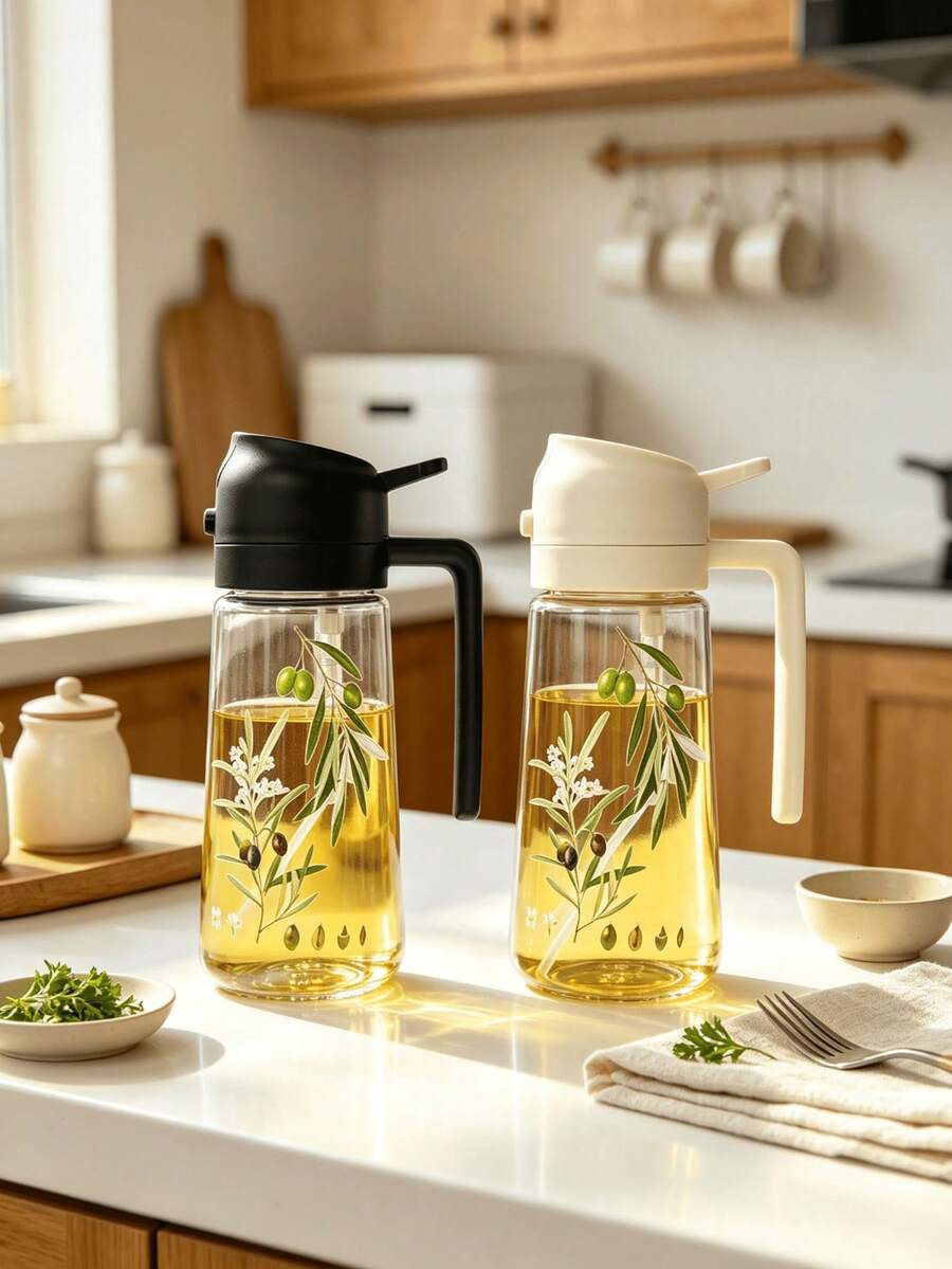 1pc Unique Hand-Painted Olive Branch Pattern Pp Oil Cruet, Unique Automatic Flip Lid Leak-Proof Oil Bottle With Handle, Exclusive Printed Olive Design Kitchen Olive Oil And Vinegar Container, Suitable For Cooking And Baking