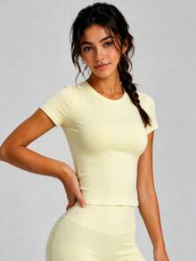 Women Nylon Basic Round Neck Short Sleeve Workout T‑Shirt, Stretchy Fitted Yoga Gym Running Sports Top - Yellow - View 2