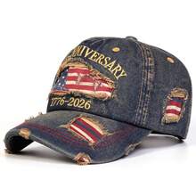 1pc Men's 250TH ANNIVERSARY 1776-2026 Letter Embroidered Distressed Washed Denim Baseball Cap, Street Fashion Hat, Outdoor Sun Protection Casual Cap For Spring/Autumn Travel, Beach Vacation - Multicolor - View 3