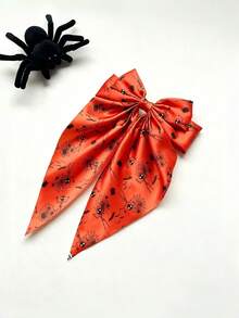 1pc Halloween Black Spider Web Embroidered Tulle Long Tail Bow Hair Clip, Cute Hair Clip For Girls, Gift Party Hair Accessory Halloween Bows - Multicolor - View 5