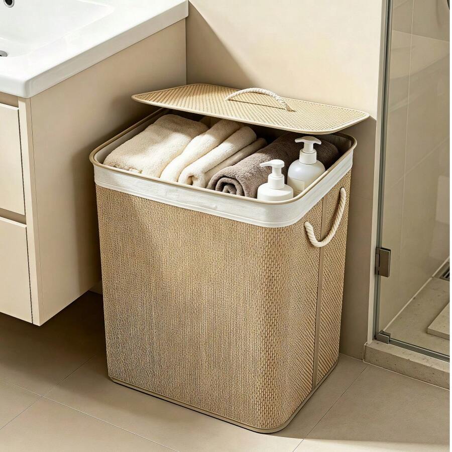 Woven Laundry Hamper With Lid, Laundry Basket, Storage Bin, Linen‑Lined Clothes Storage Basket With Rope Handles, Large‑Capacity Dirty Clothes Organizer Box, Suitable For Bedroom, Bathroom And Laundry Room - Khaki - View 1