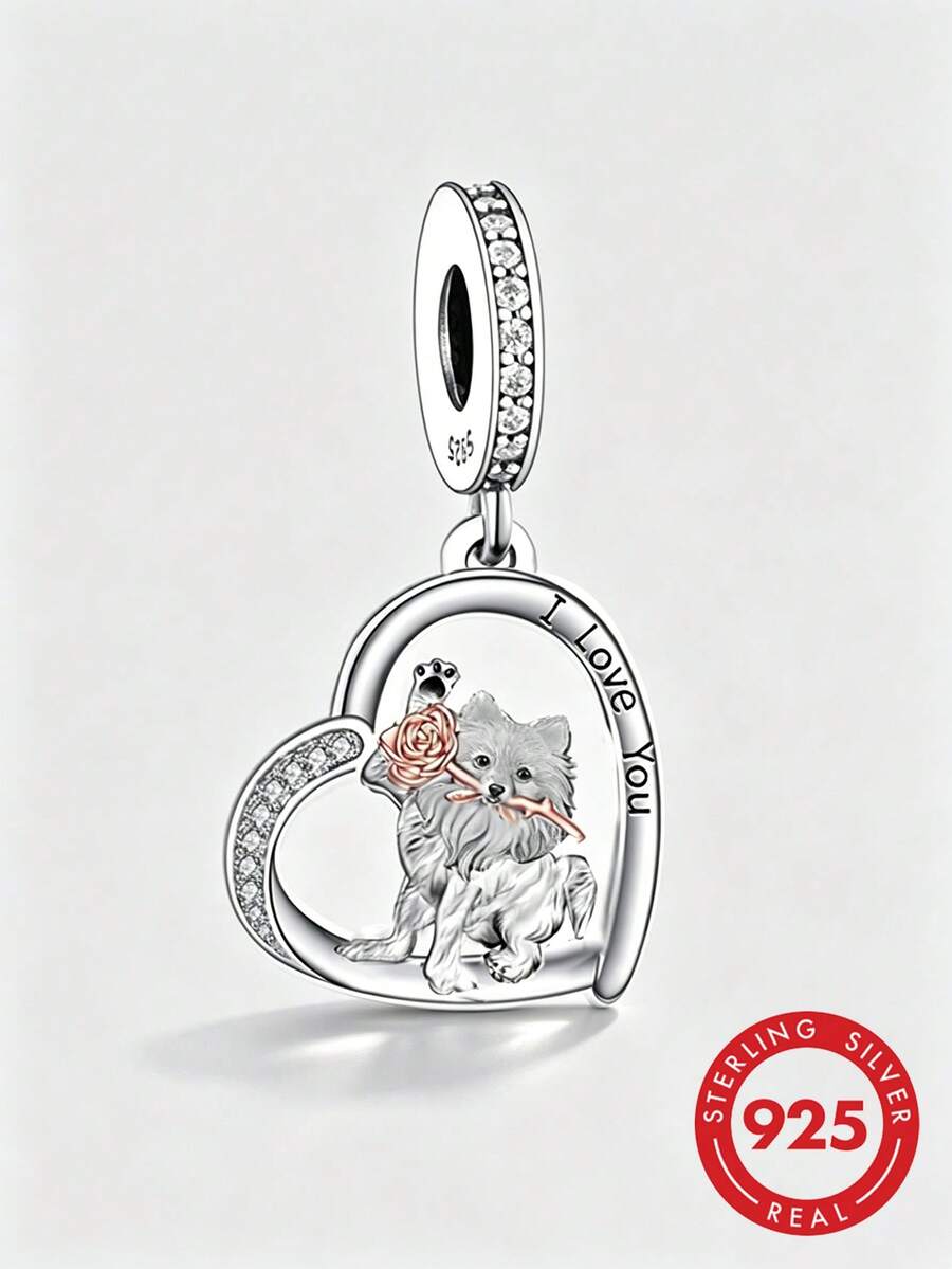 1pc Minimalist 925 Sterling Silver Pomeranian Dog Cubic Zirconia Inlaid Pendant, Unisex Memorial Birthday Gift - Silver - View 1