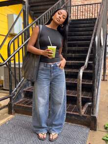 Low-Waist Wide-Leg Casual Blue Jeans With Slant Pockets, Spring Apparel Fall - Blue - View 2