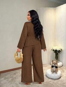 BIUBIU Fall Business Casual Plus Size Women Curve 2 Pieces Set Brown Asymmetrical Ruched Top And Wide Leg Non-Stretch Pants For Office Or Going Out - Brown - View 2