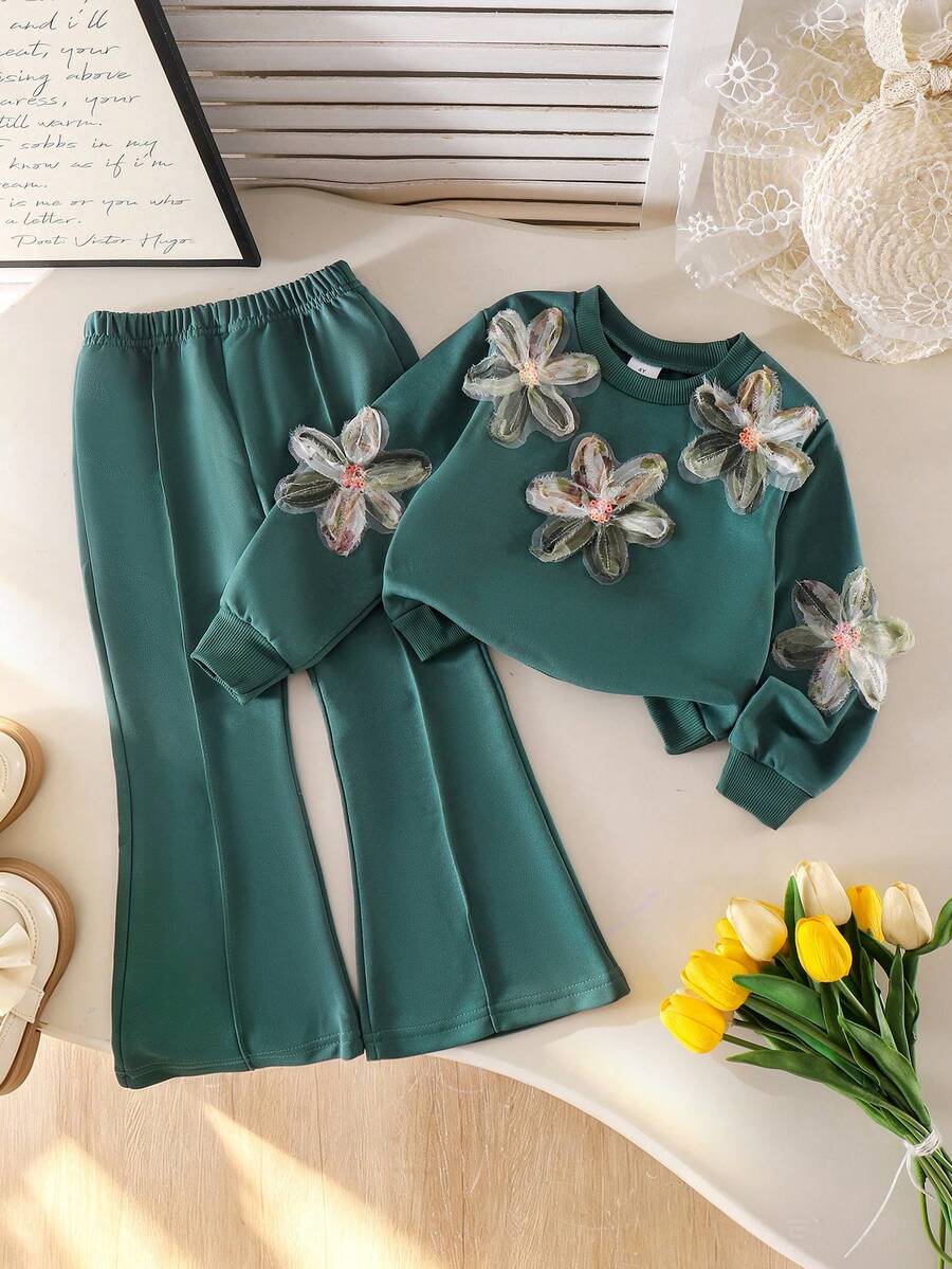 2pcs/Set Girls Toddler Casual Sporty Style 3D Floral Green Sweatshirt & Long Pants Set, Spring/Autumn - Green - View 1