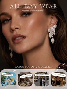 1 Pair Elegant Women's Rhinestone Leaf Dangle Earrings, Suitable For Wedding, Ball, Formal Banquet, Heavy Embellished - Rhinestones - View 4