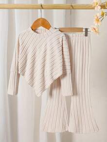 Young Girls Ribbed Knit Long Sleeve Top And Flare Pants Set, Suitable For Daily And Outdoor Wear In Spring And Autumn - Beige - View 2