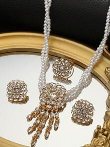 4pcs/Set,Gold Faux Pearl Necklace , Stud Earrings, Ring Jewelry Set, Tassel Crystal Rhinestone Pendant For Wedding Party Prom, Bridal Accessories - Gold - View 3