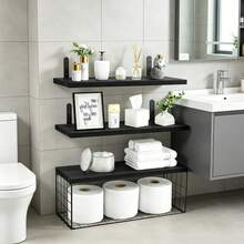 Repisas Flotantes Modernas Estantes Madera Dormitorio Baño - Negro - Ver 1