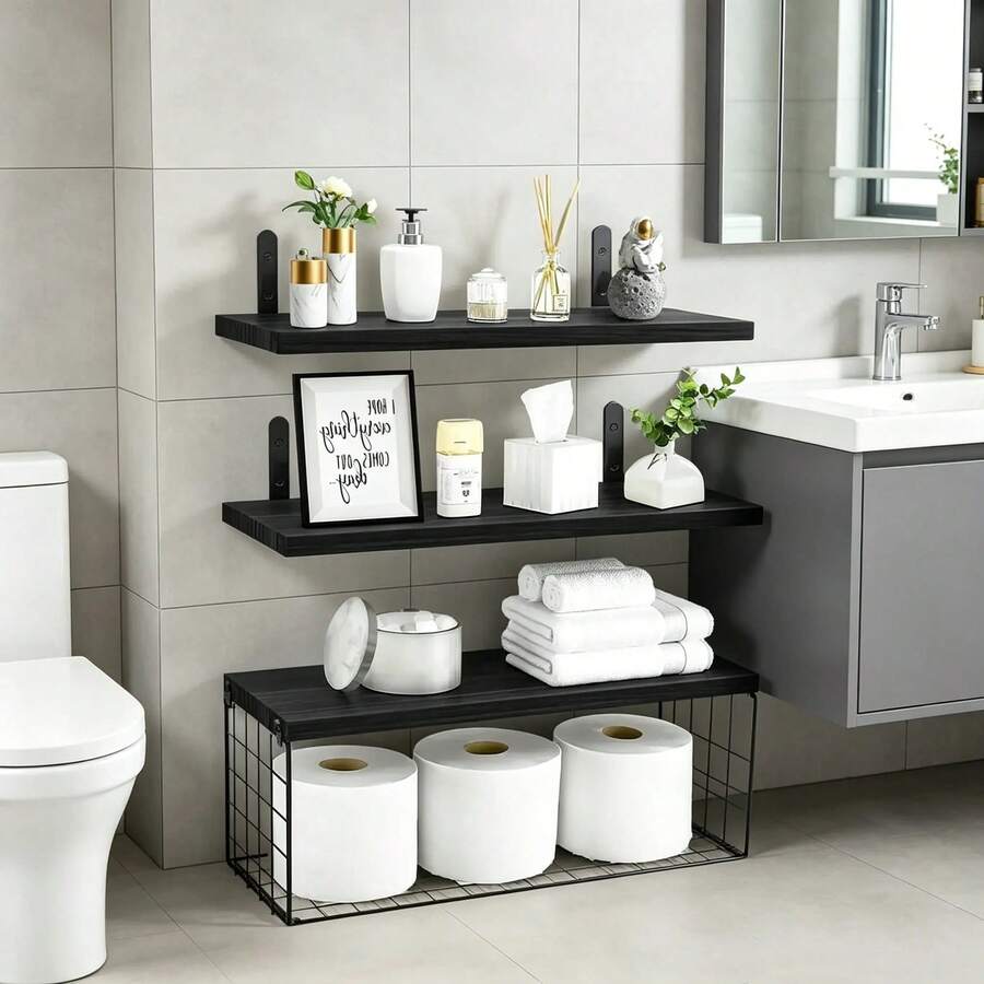 Repisas Flotantes Modernas Estantes Madera Dormitorio Baño - Negro - Ver 1