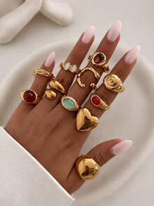 Bộ 11 nhẫn thời trang vintage sang trọng đính đá quý resin và rhinestone hình học, nhẫn kim loại dáng dày hình trái tim, nhẫn đeo chồng, phù hợp đeo hàng ngày, dự tiệc, làm quà tặng lễ tết - Vàng - Xem 1