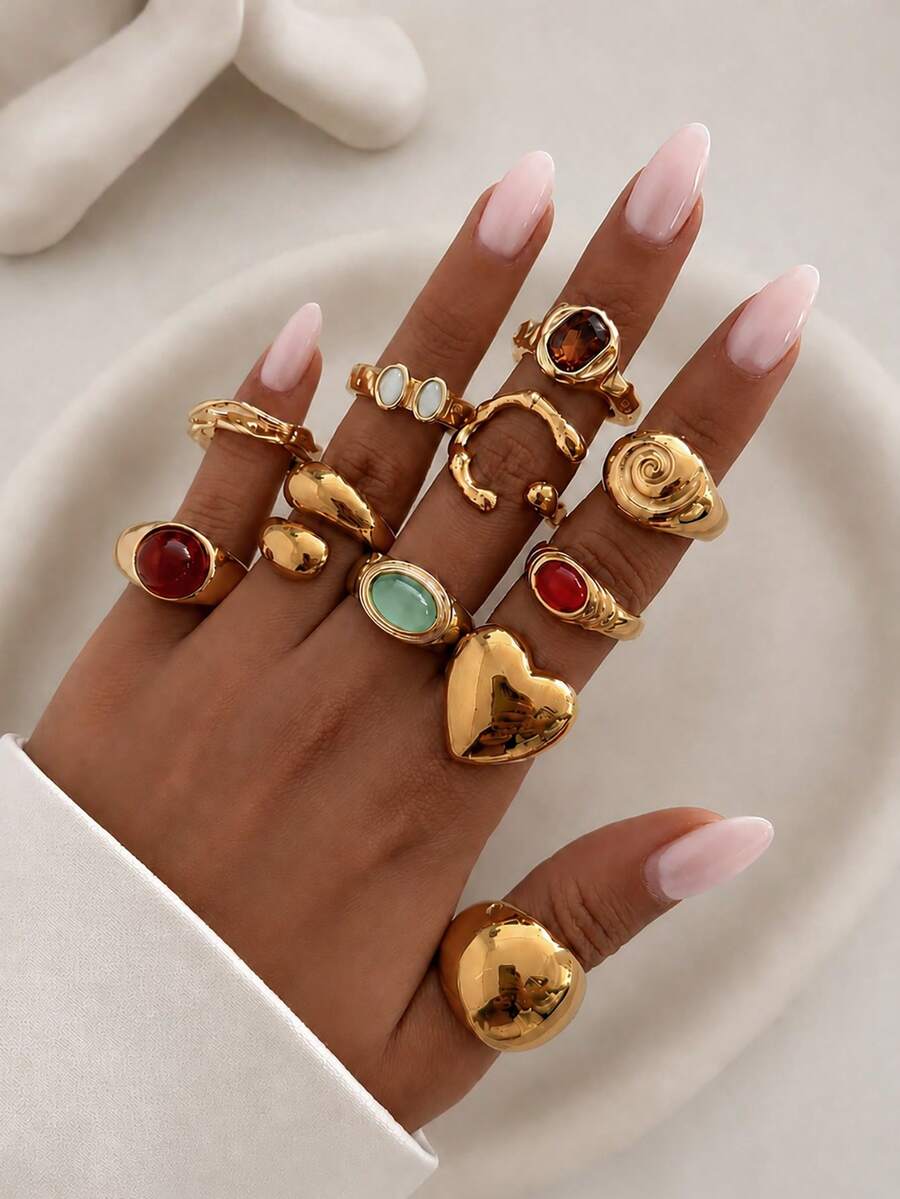 Bộ 11 nhẫn thời trang vintage sang trọng đính đá quý resin và rhinestone hình học, nhẫn kim loại dáng dày hình trái tim, nhẫn đeo chồng, phù hợp đeo hàng ngày, dự tiệc, làm quà tặng lễ tết - Vàng - Xem 1