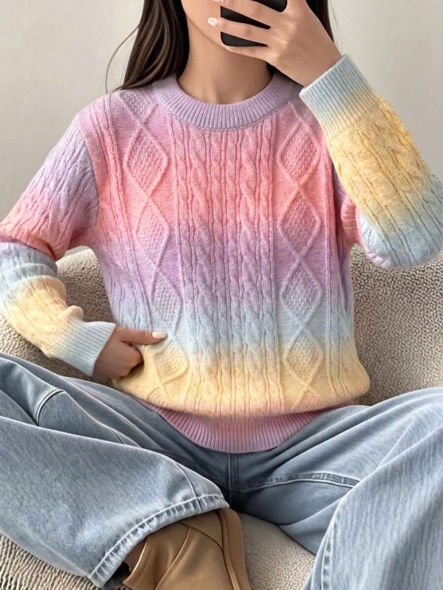 女童甜美彩虹漸層粗針編織菱格紋圓領長袖套頭毛衣,適合休閒日常穿著與上學,春秋冬季適用 - 粉色 - 查看 1
