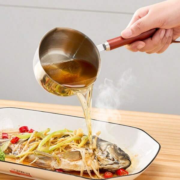 Wooden Handle Stainless Steel Mini Oil Pot, Kitchen Oil Splashing Tool, Compatible With Induction Cooktop, Mini Pot For Butter, Sauce And Hot Oil