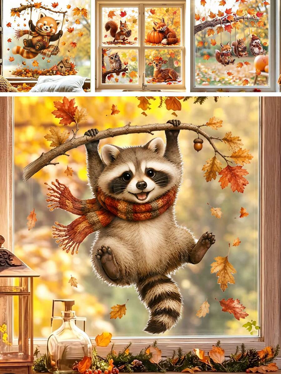1/4 Sheets Cute Fall Woodland Animals Static Window Clings Raccoon Maple Leaf Reusable Decals For Kids Room Autumn Decor Home Decoration - Multicolor - View 1